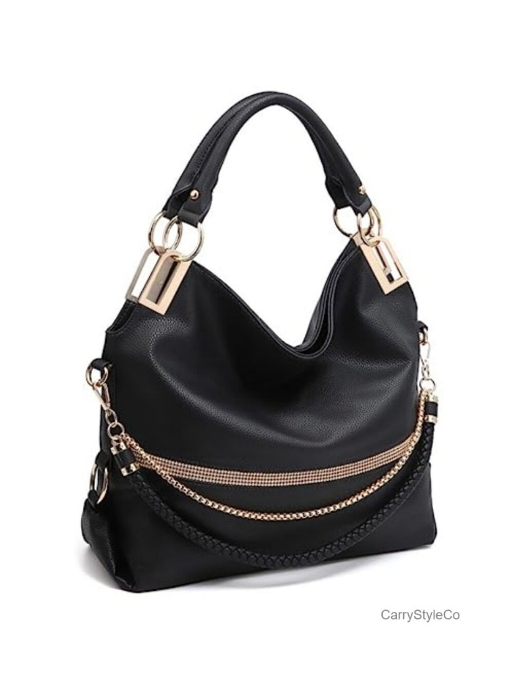 Large Vegan Leather Hobo Bag Rhinestone Accents Tote Shoulder Handbag Women